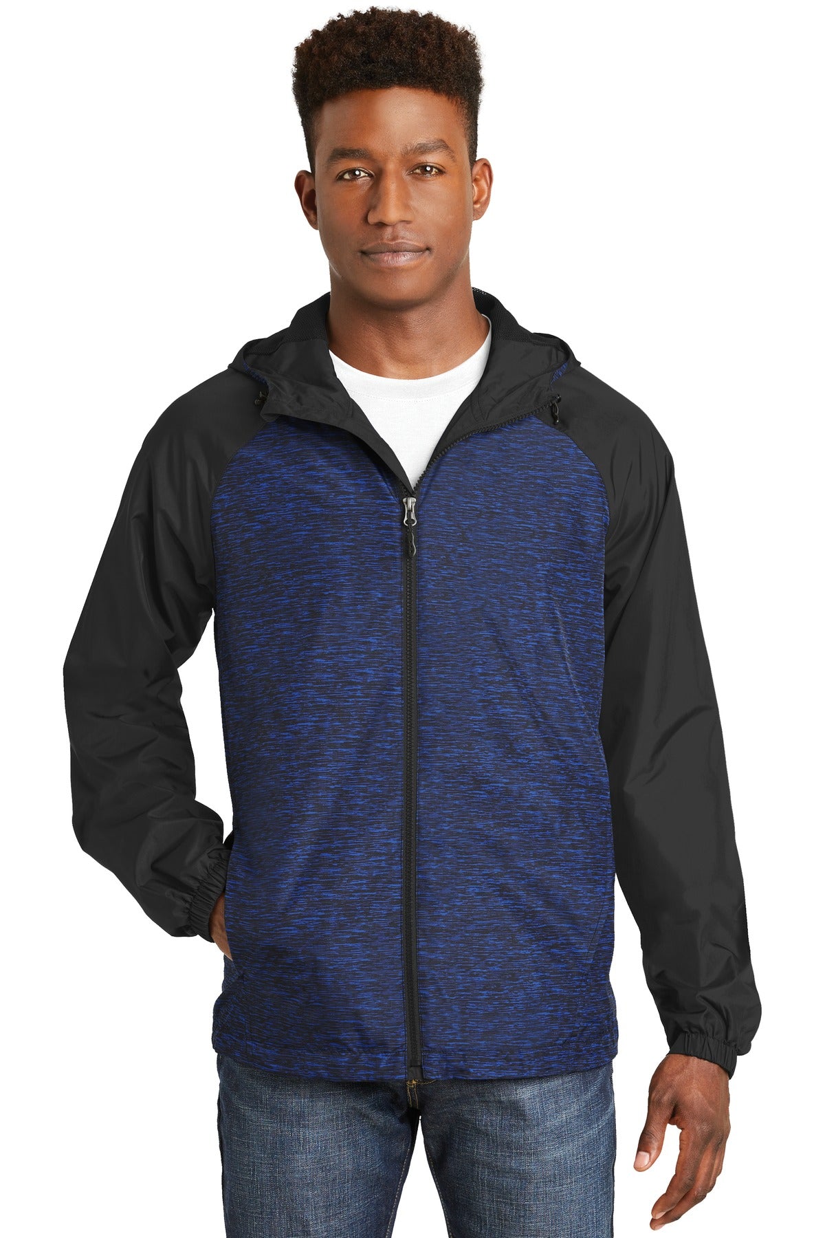 Sport-Tek ® Heather Colorblock Raglan Hooded Wind Jacket. JST40