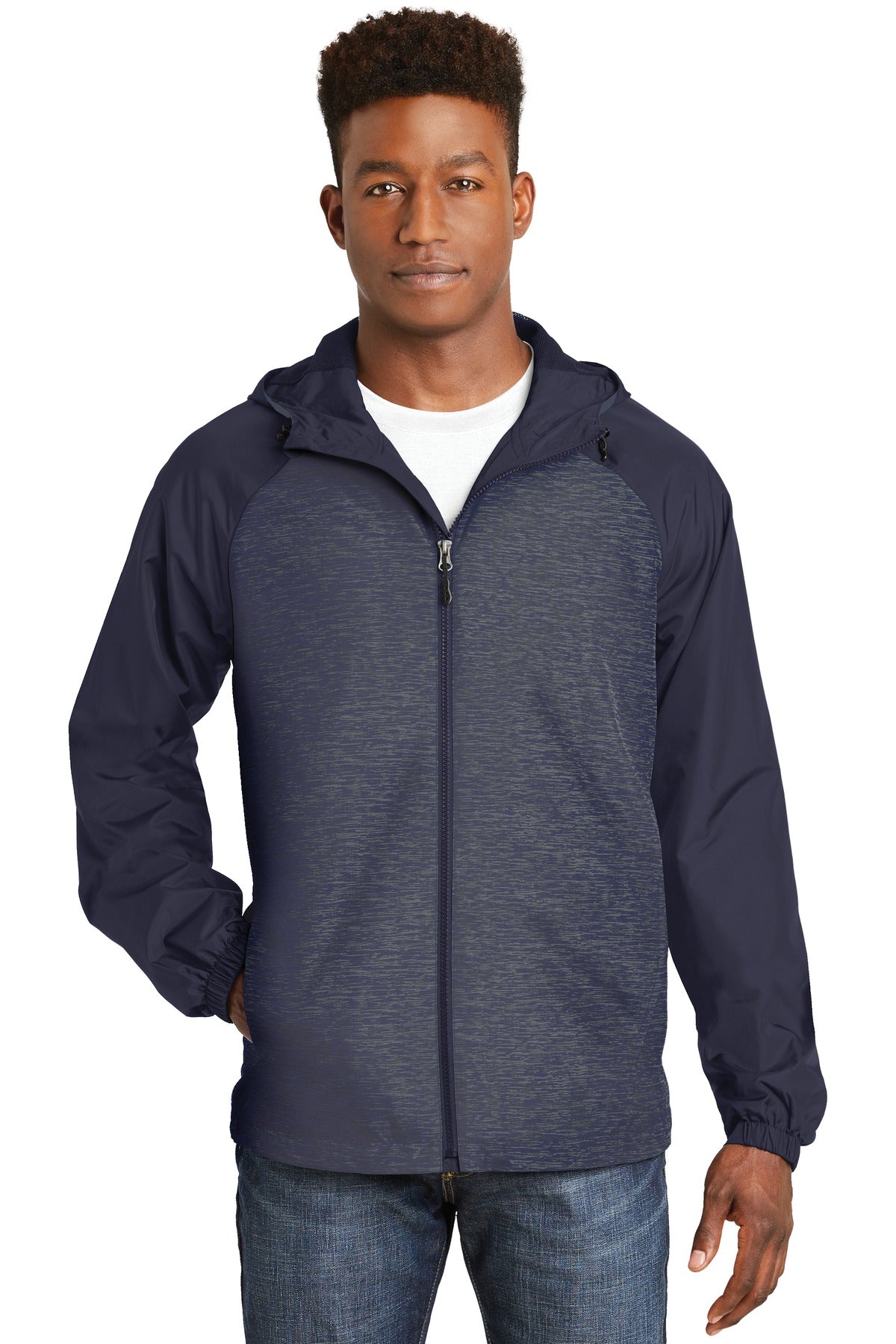 Sport-Tek ® Heather Colorblock Raglan Hooded Wind Jacket. JST40